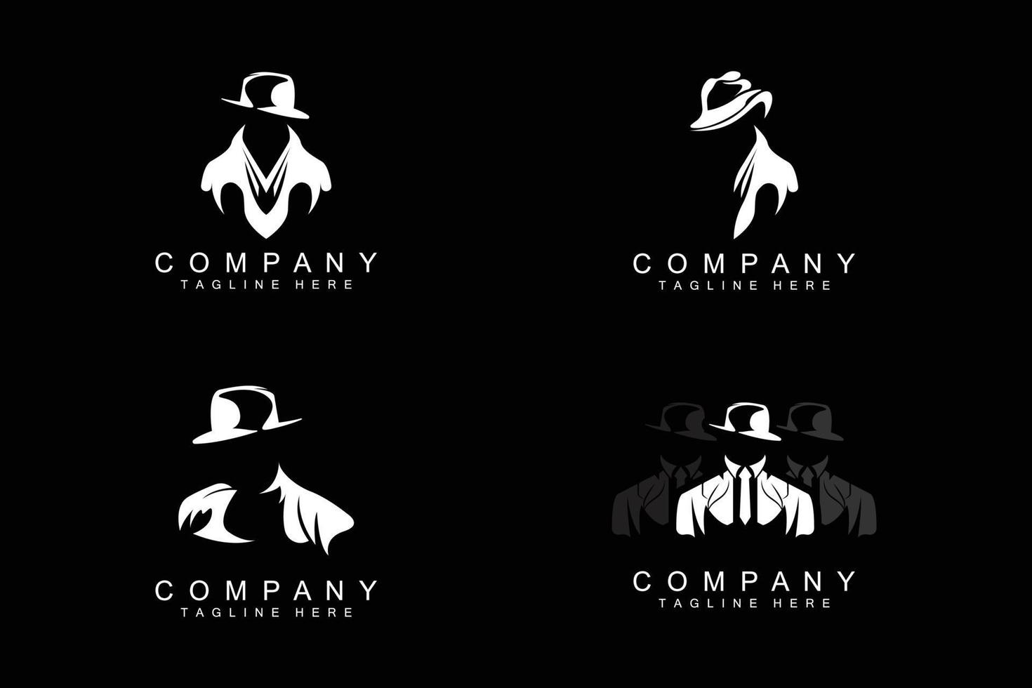 diseño de logotipo de hombre detective, esmoquin de moda de detective de la mafia y vector de ilustración de sombrero, icono de hombre de negocios negro