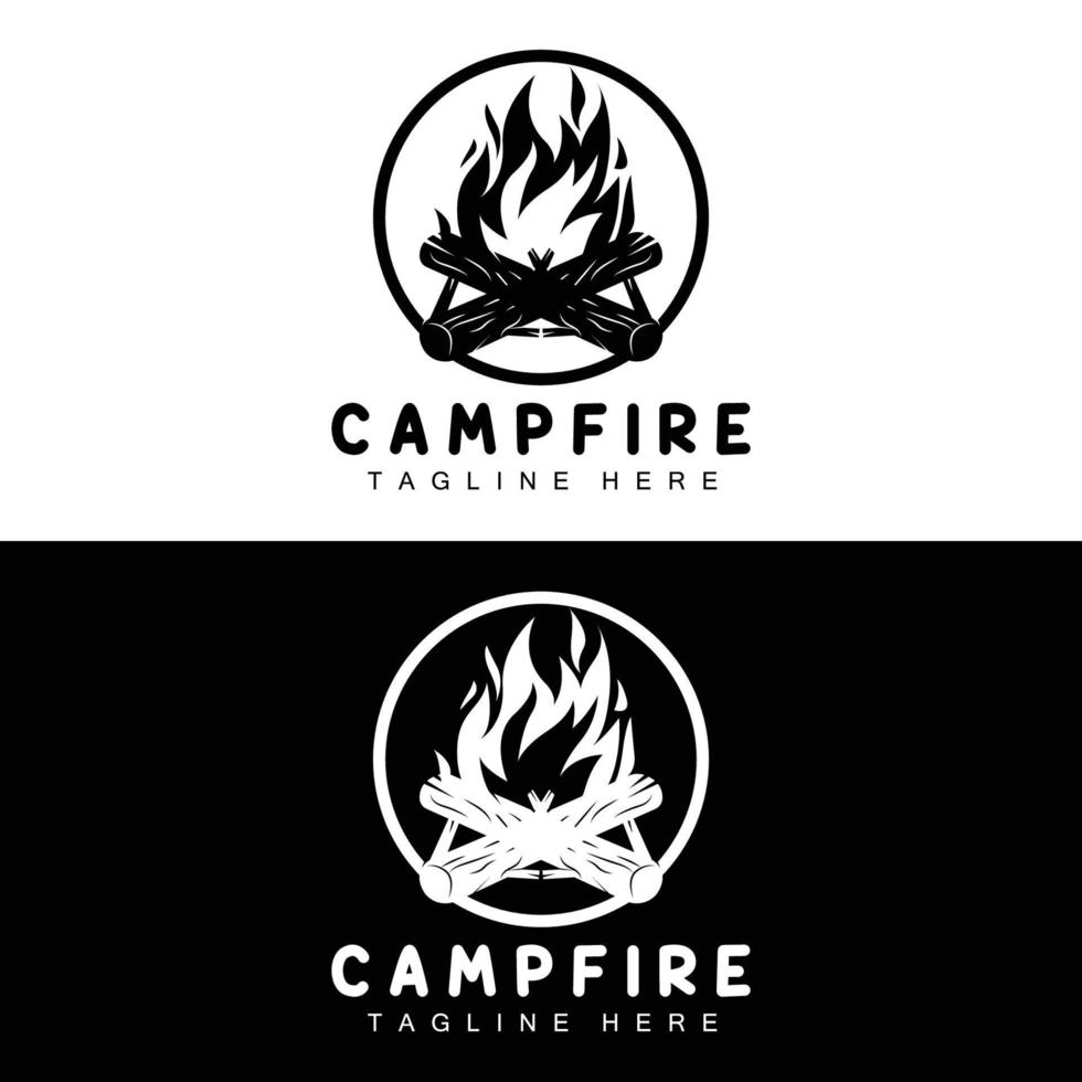 diseño de logotipo de fogata, vector de camping, fuego de madera y diseño forestal