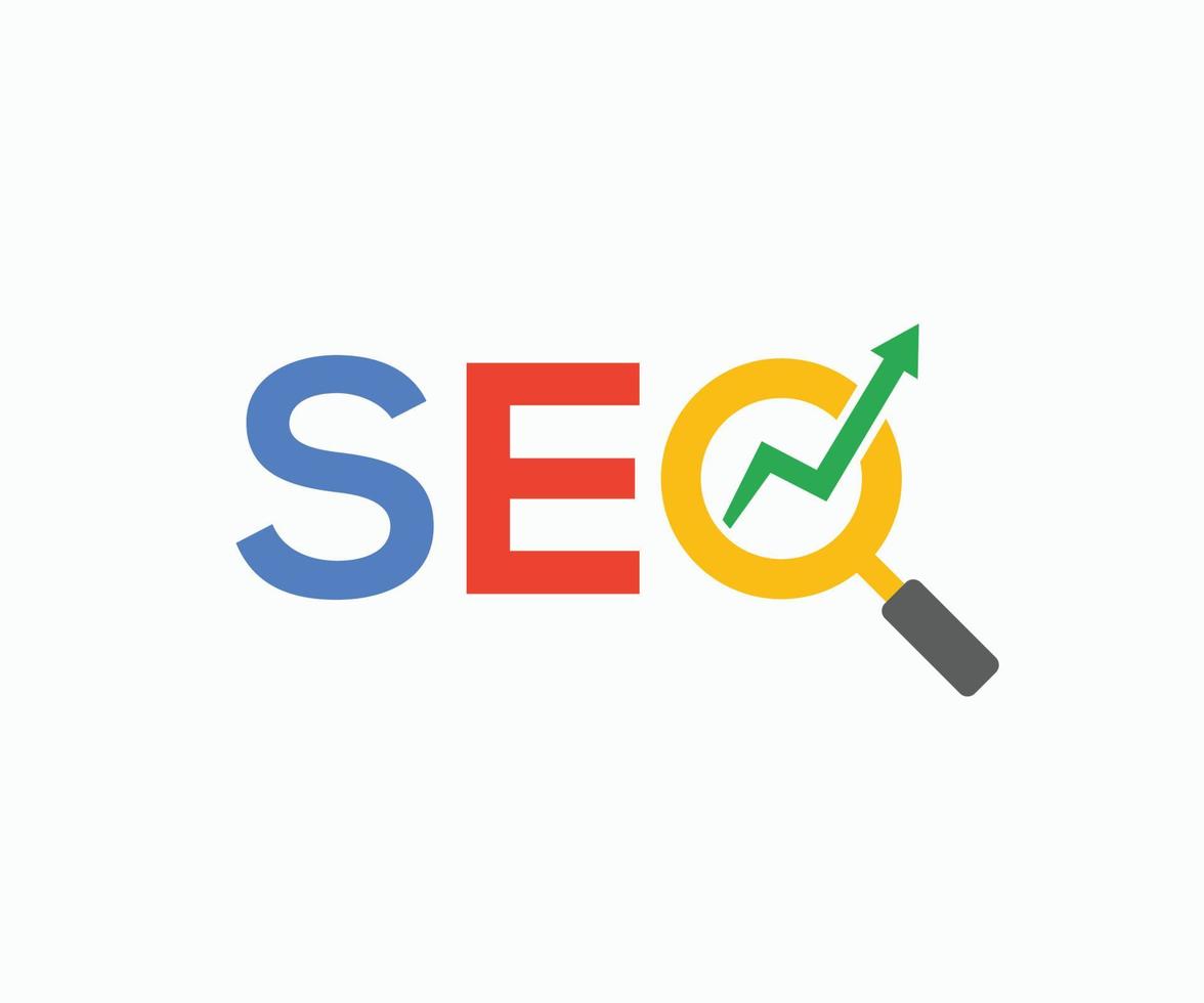 SEO multi color logo with magnifying glass and arrow. SEO search engine logo template vector