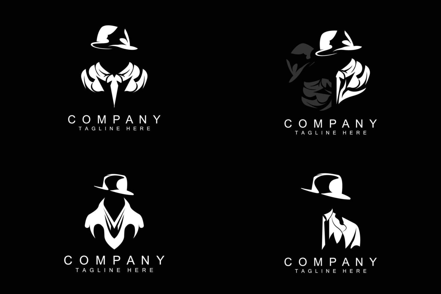 diseño de logotipo de hombre detective, esmoquin de moda de detective de la mafia y vector de ilustración de sombrero, icono de hombre de negocios negro