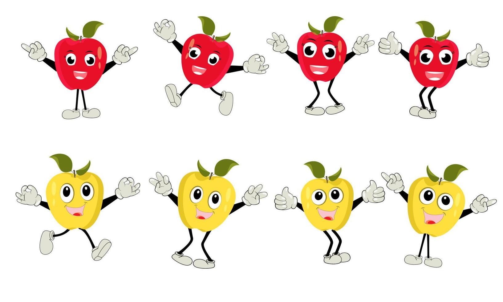 manzana dibujos animados personaje ilustración de un contento manzana personaje. rojo, amarillo, verde manzana gracioso personaje, concepto de salud cuidado para niños vector