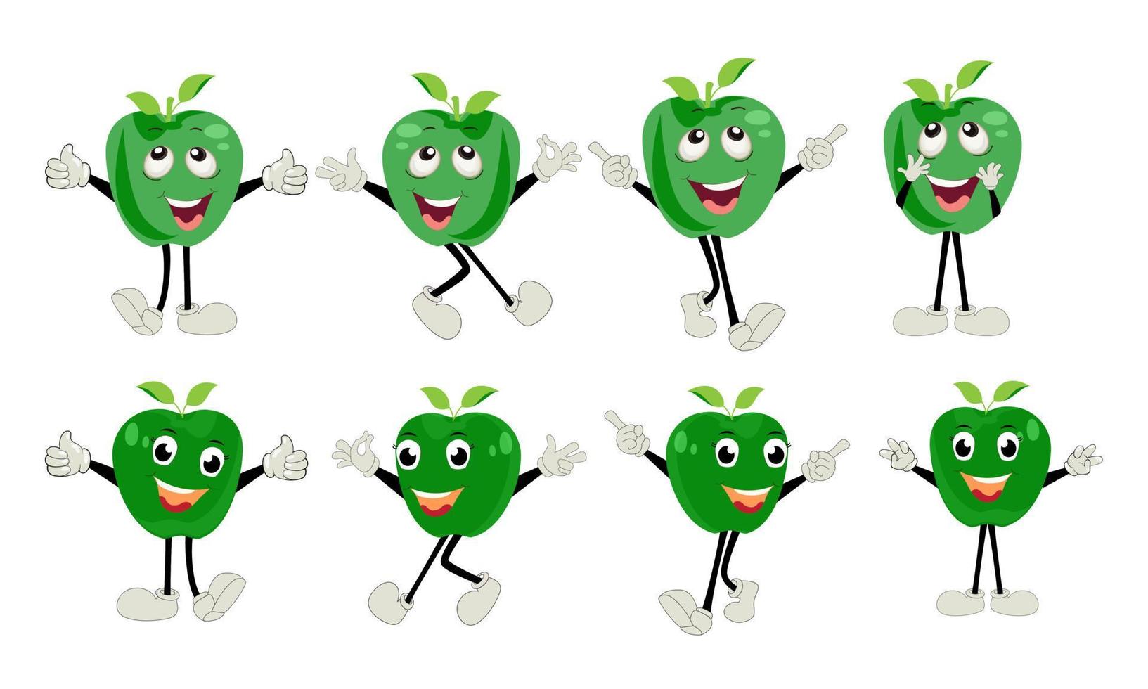 manzana dibujos animados personaje ilustración de un contento manzana personaje. rojo, amarillo, verde manzana gracioso personaje, concepto de salud cuidado para niños vector