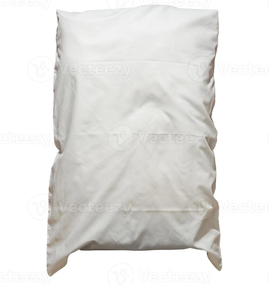 White crumpled pillow with case after guest's use at hotel or resort room isolated on white background with clipping path, Concept of confortable and happy sleep in daily life photo