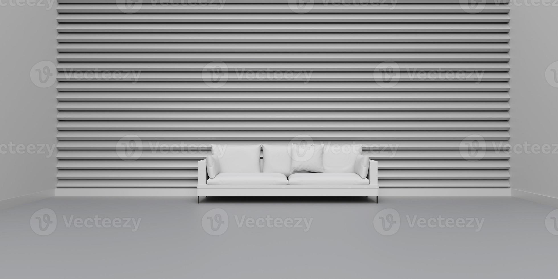 interior space studio Japanese style architecture Zen a solitary sofa in a modern empty room with minimalist slatted walls Product display 3D illustration photo
