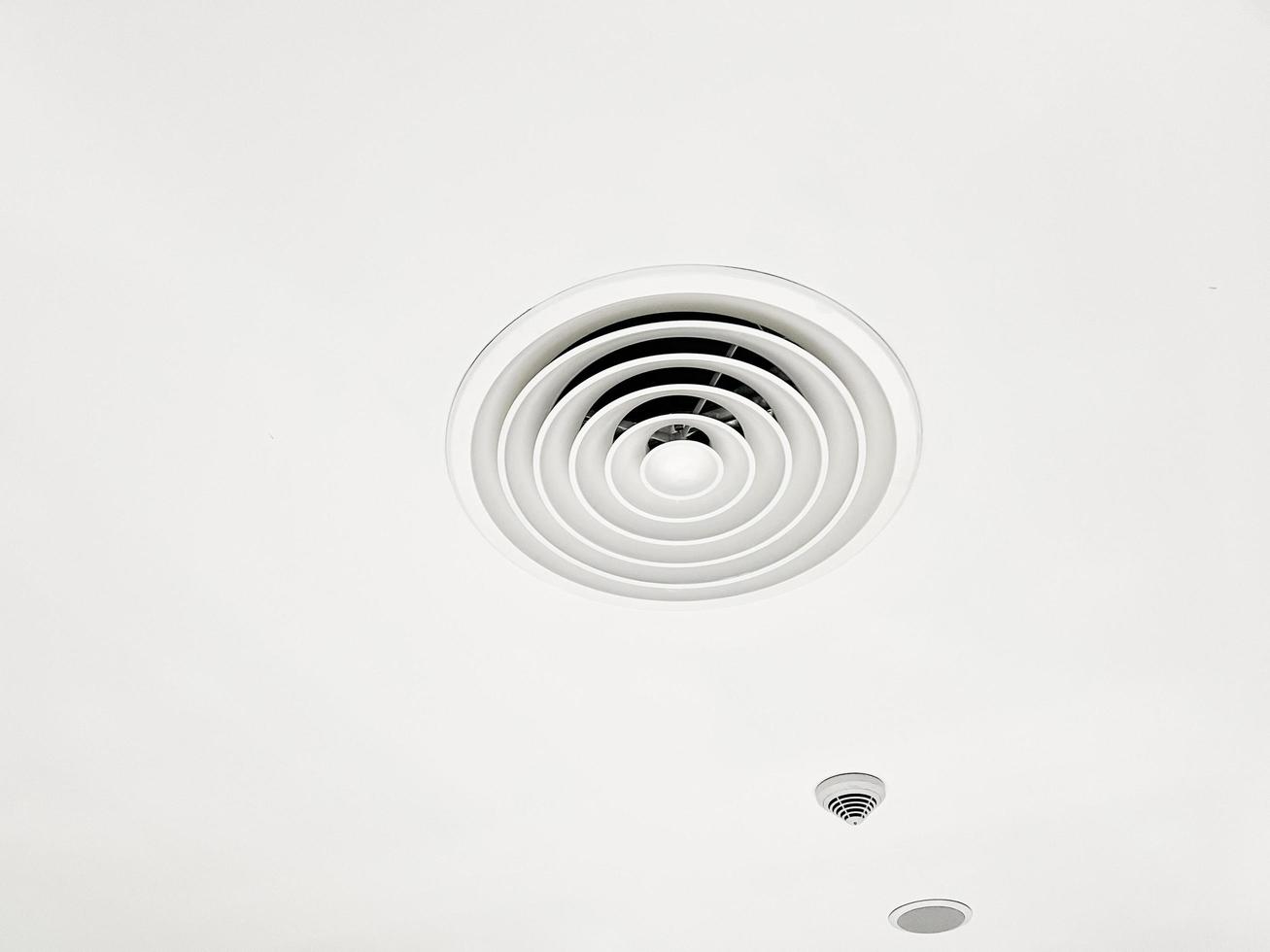 Ceiling mounted cassette type air conditioner and modern lamp light on white ceiling. duct air conditioner for home or office photo