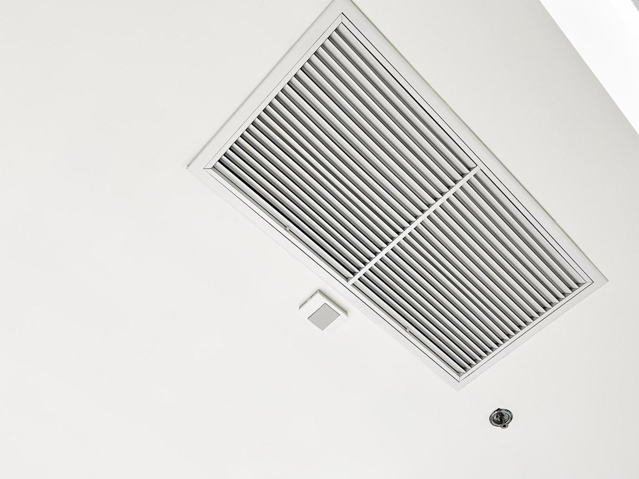 Ceiling mounted cassette type air conditioner and modern lamp light on white ceiling. duct air conditioner for home or office photo