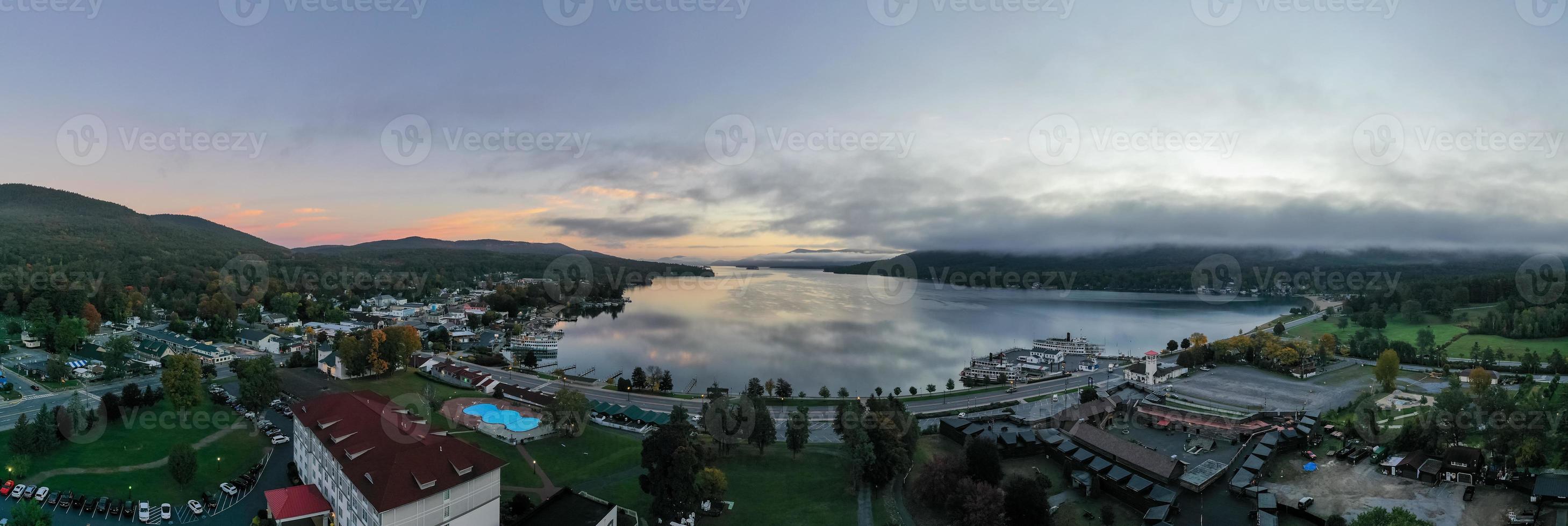 Panoramic view of the bay in Lake George, New York at dawn. photo