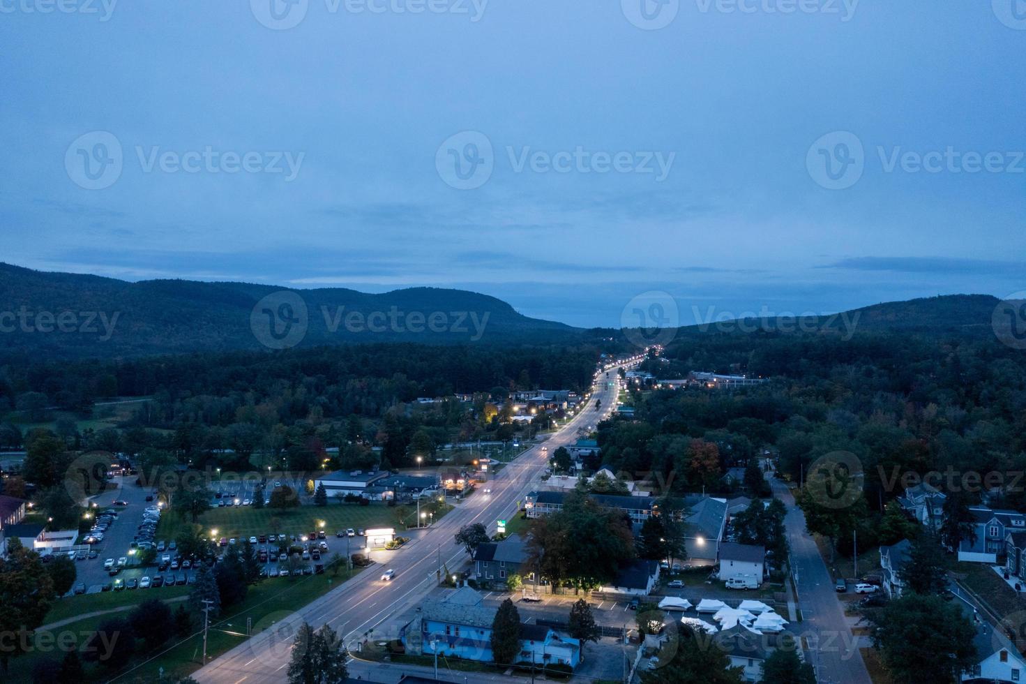 Aerial view of the city of Lake George, New York in the early morning. photo