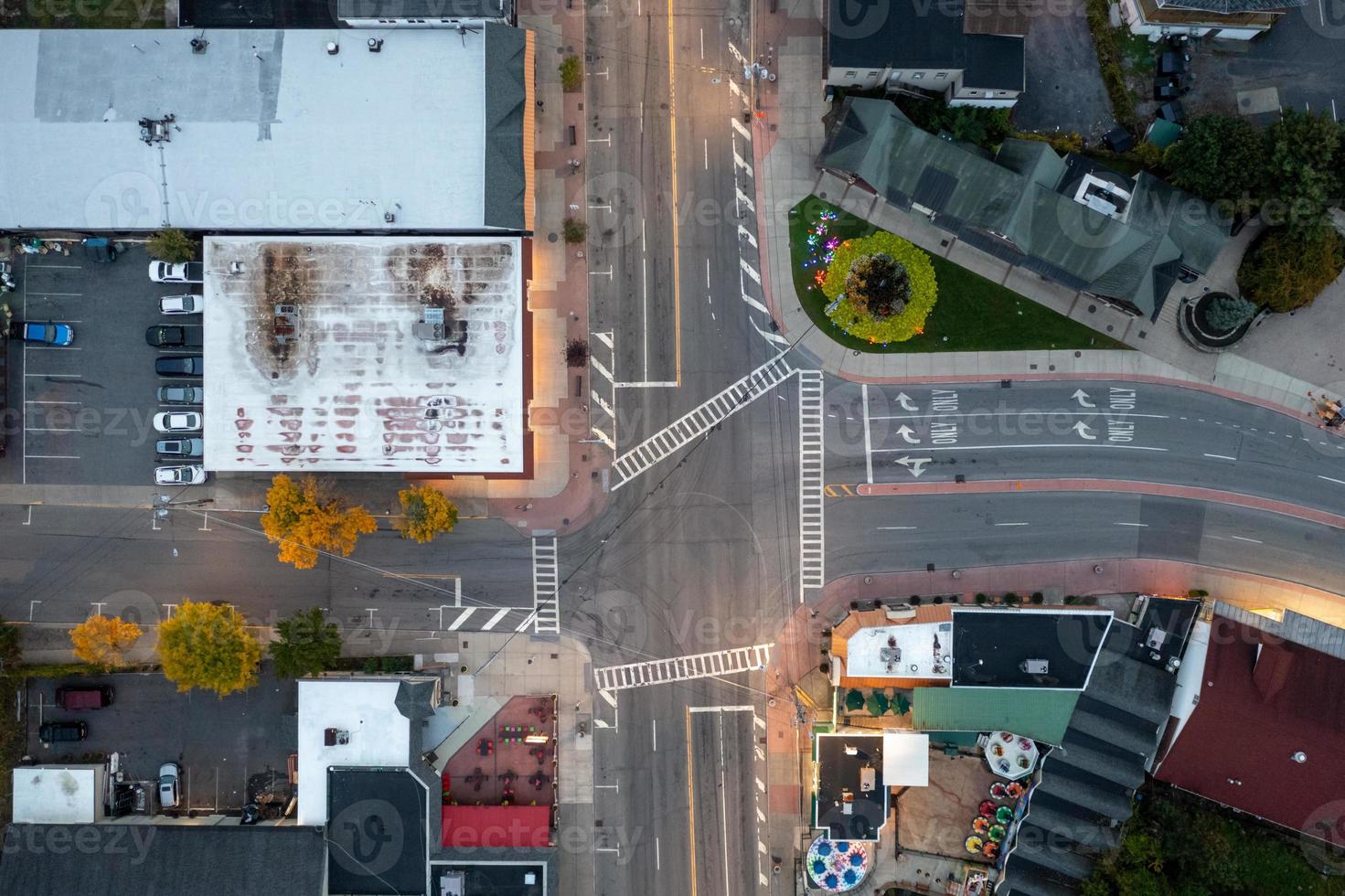 Aerial view of a street intersection in the city of Lake George, New York in the early morning. photo