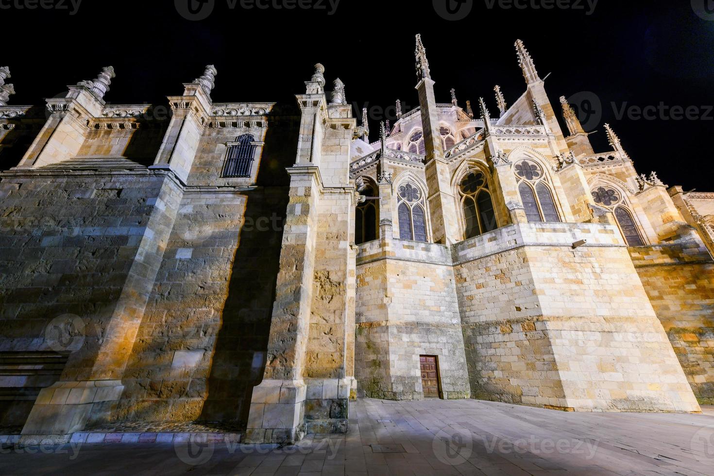 principal gótico fachada de León catedral en el noche, España foto