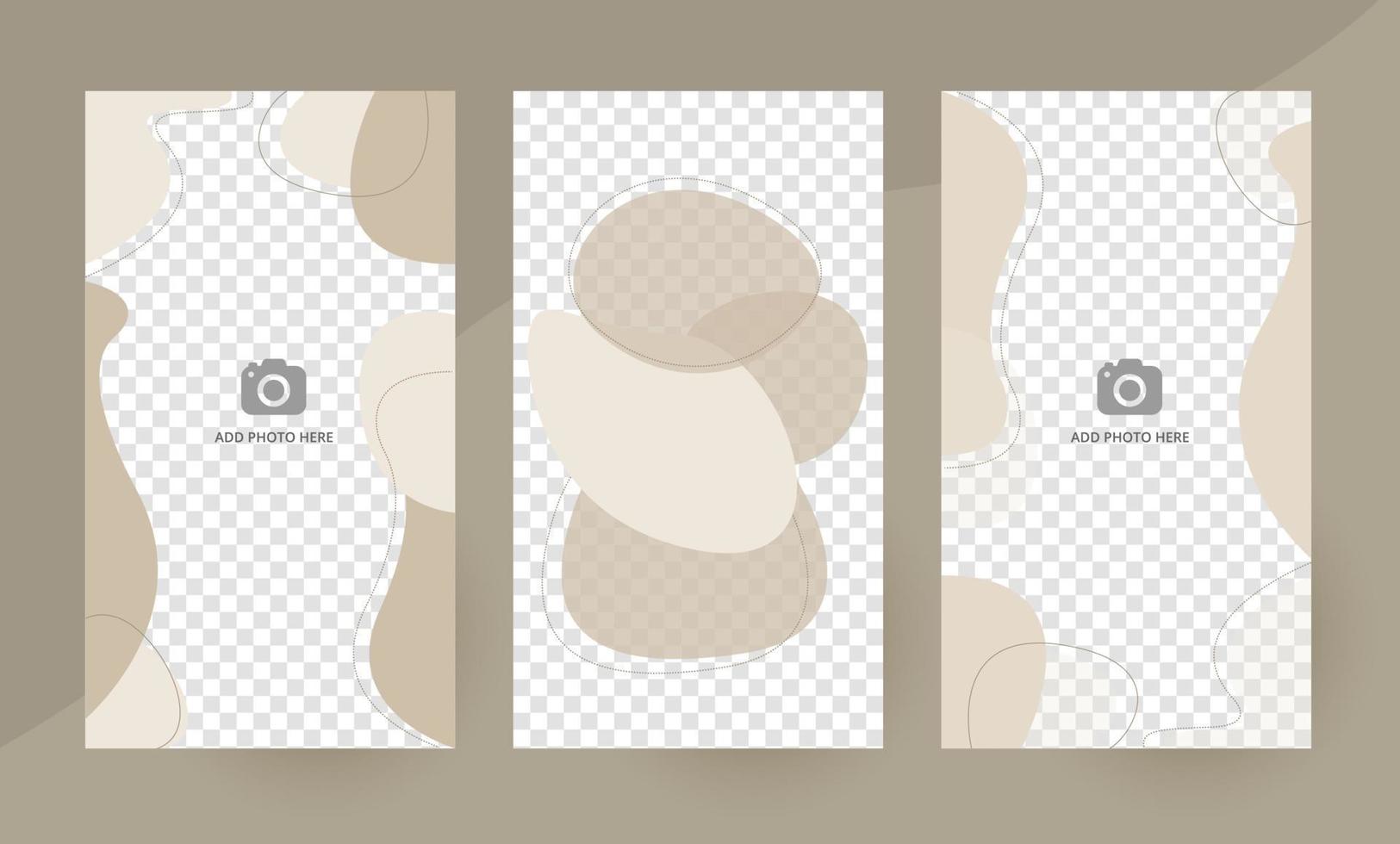 Abstract background for social media story banner. Set of vertical minimal layouts with organic shapes in earth tones. Editable template with a placeholder for picture. Vector illustration