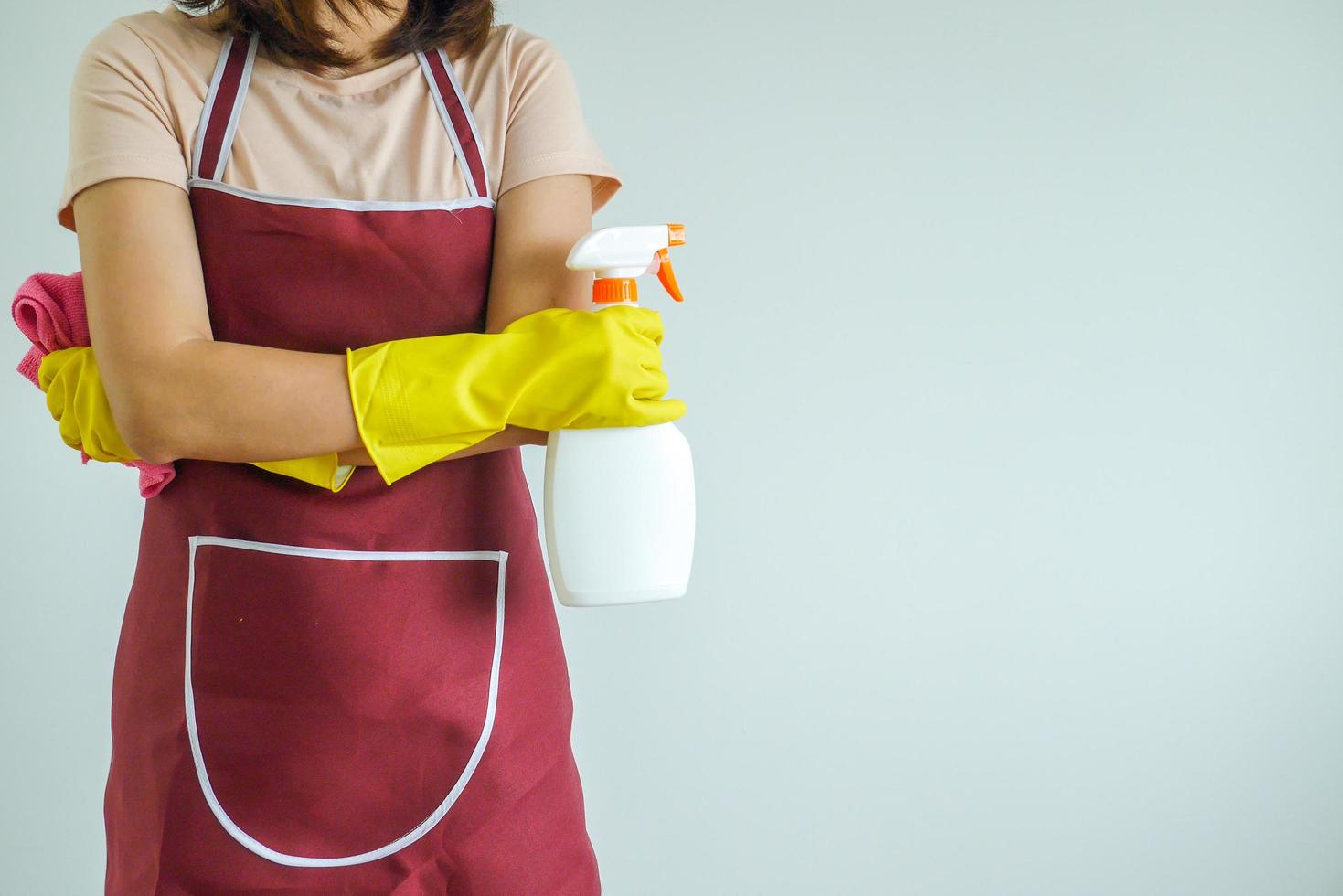 A housewife in a shirt cleans the house with a cleaning rag and a spray. Household  chores. photo