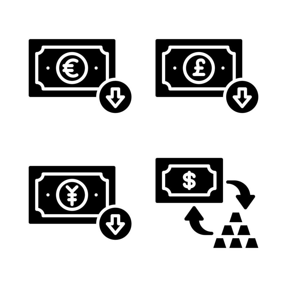 Currency Icons Set. euro, pound, yen decrease, money exchange. Perfect for website mobile app, app icons, presentation, illustration and any other projects vector