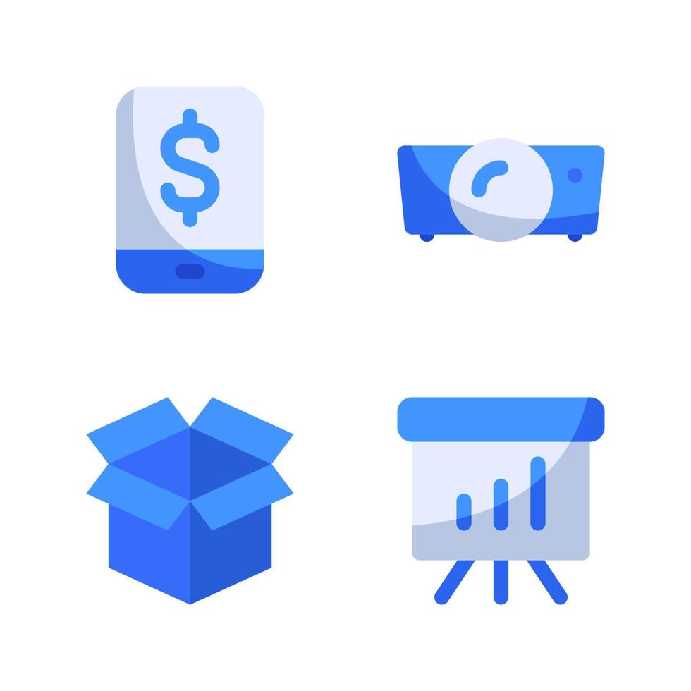 Business Management icons set. Smartphone, projector, unboxing, presentation board. Perfect for website mobile app, app icons, presentation, illustration and any other projects vector