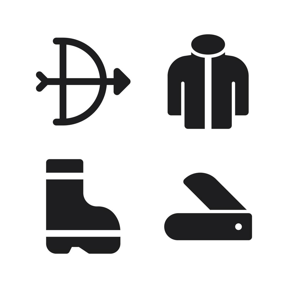 Adventure icons set. Arrow bow, jacket, boots, knife. Perfect for website mobile app, app icons, presentation, illustration and any other projects vector