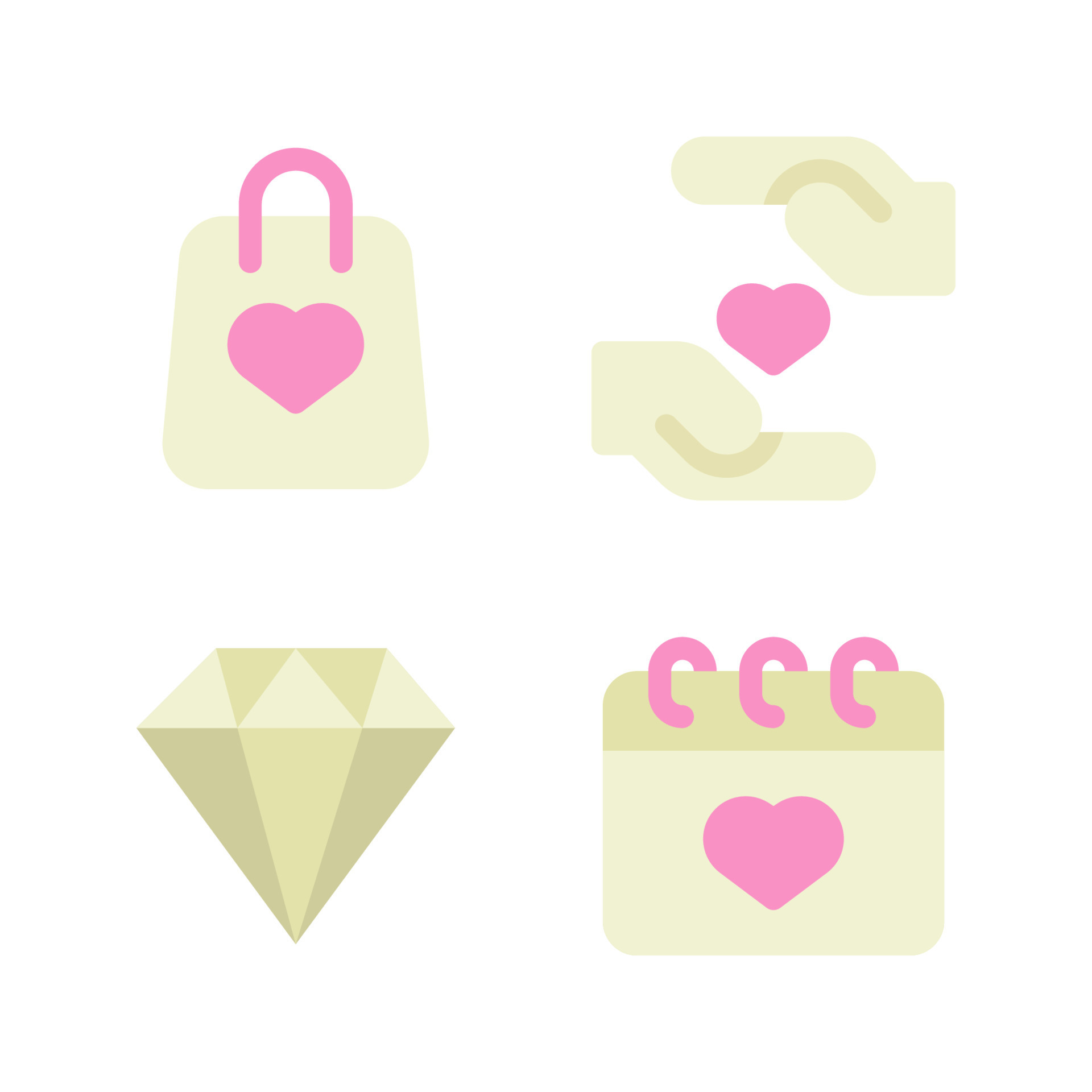 Romance icons set shopping bag relationship diamond calendar