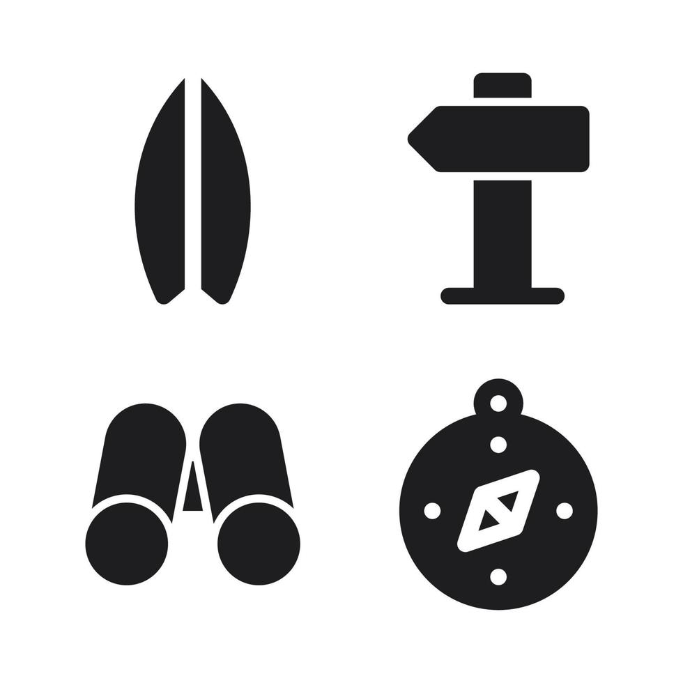 Adventure icons set. Surf board, sign board, binoculars, compass. Perfect for website mobile app, app icons, presentation, illustration and any other projects vector