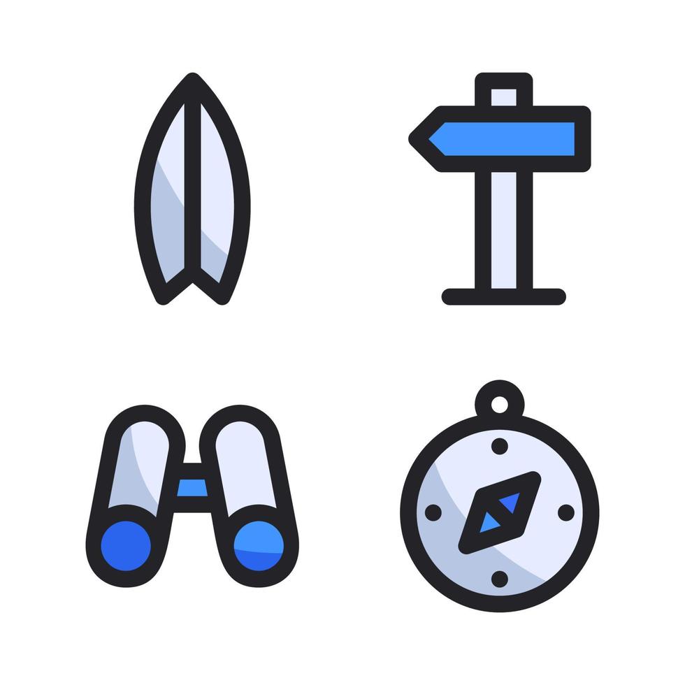 Adventure icons set. Surf board, sign board, binoculars, compass. Perfect for website mobile app, app icons, presentation, illustration and any other projects vector