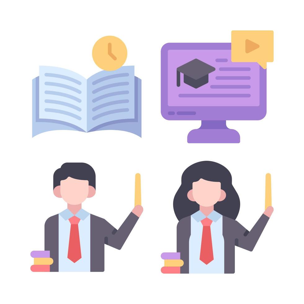 Education icons set. Reading book, online learning, teacher man, girl. Perfect for website mobile app, app icons, presentation, illustration and any other projects vector