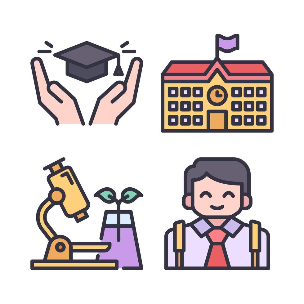 Education icons set. Graduation, school building, microscope, student boy. Perfect for website mobile app, app icons, presentation, illustration and any other projects vector