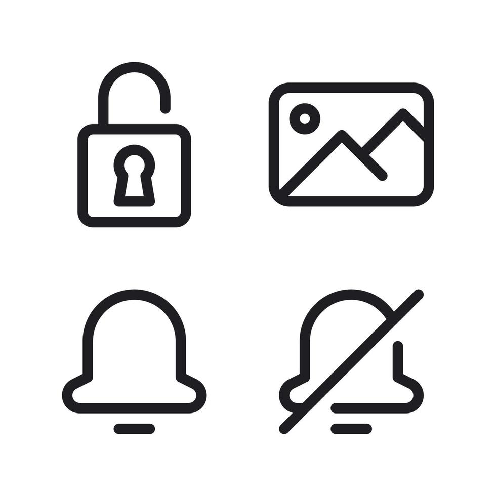 User Interface icons set. Unlock, image, bell, silent. Perfect for website mobile app, app icons, presentation, illustration and any other projects vector