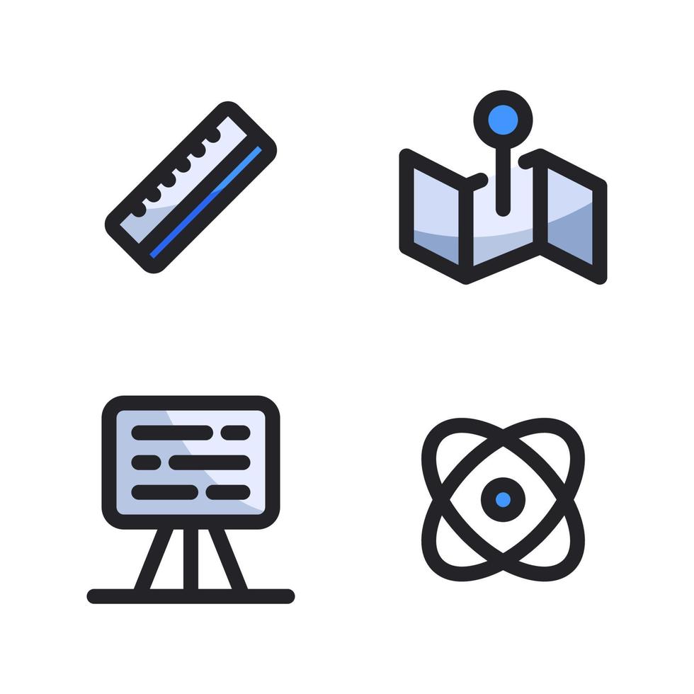 Back To School icons set. Ruler, point map, presentation board, atom. Perfect for website mobile app, app icons, presentation, illustration and any other projects vector