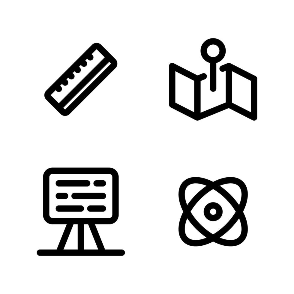 Back To School icons set. Ruler, point map, presentation board, atom. Perfect for website mobile app, app icons, presentation, illustration and any other projects vector