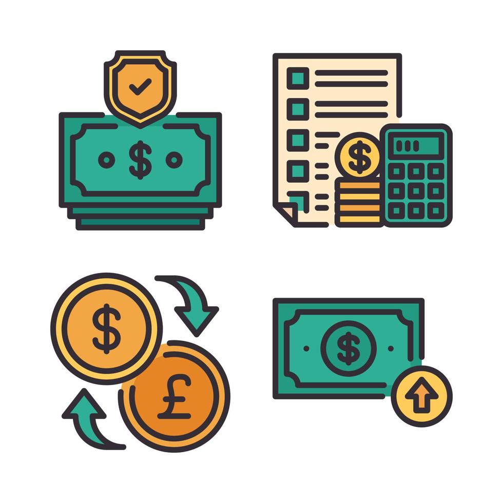 moneda íconos colocar. dinero proteger, presupuesto, dinero intercambio, dólar aumentar. Perfecto para sitio web móvil aplicación, aplicación iconos, presentación, ilustración y ninguna otro proyectos vector