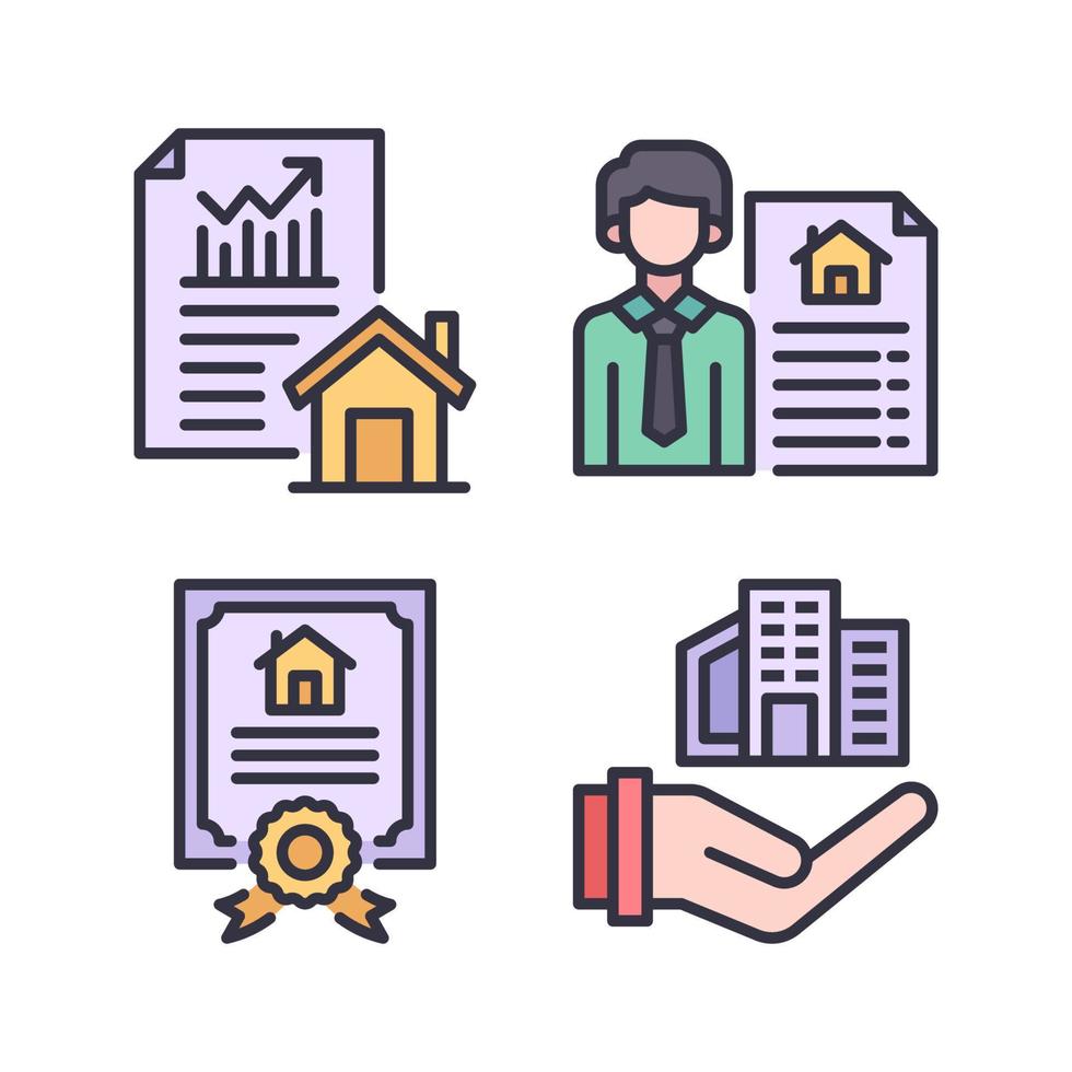 Real Estate icons set. Investment property, seller property, certificate, mortgage. Perfect for website mobile app, app icons, presentation, illustration and any other projects vector