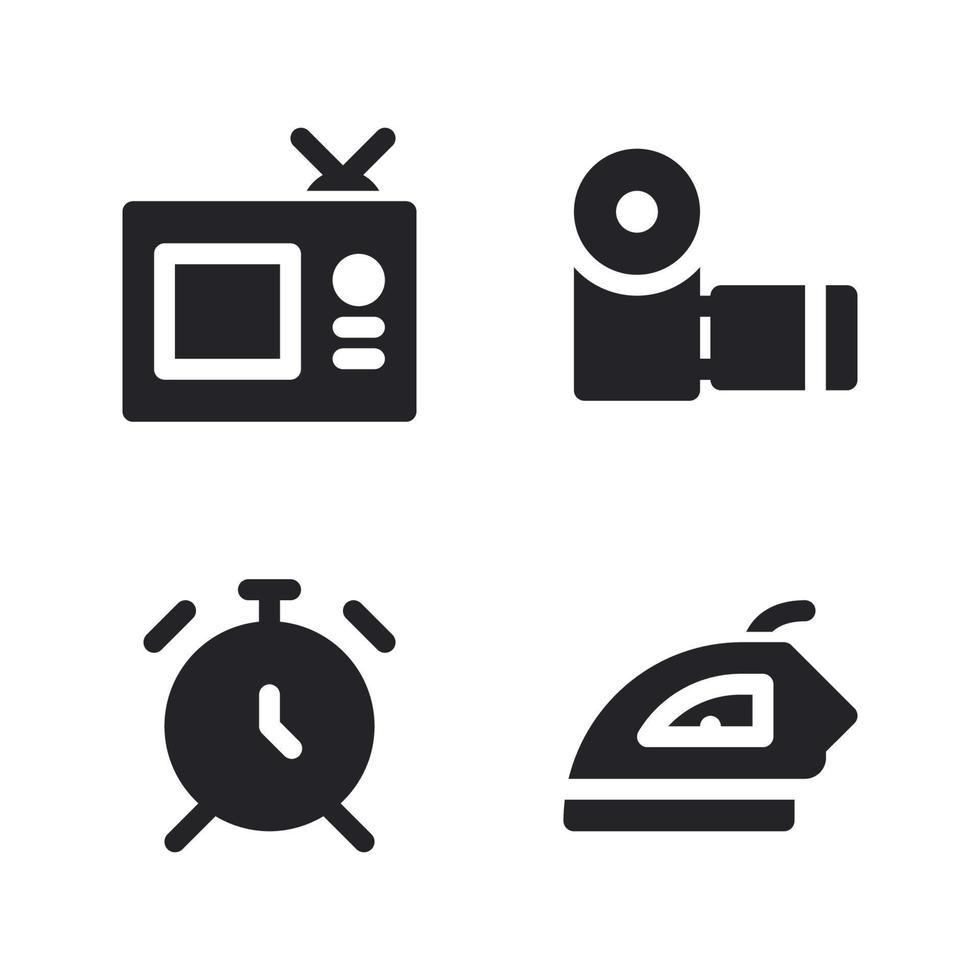 Electronics Device icons set. tv analog, videography handycam, alarm, iron. Perfect for website mobile app, app icons, presentation, illustration and any other projects vector
