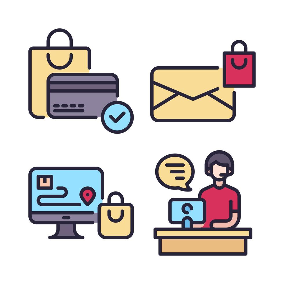 Ecommerce icons set. shopping credit card, email, app tracking, customer service. Perfect for website mobile app, app icons, presentation, illustration and any other projects vector