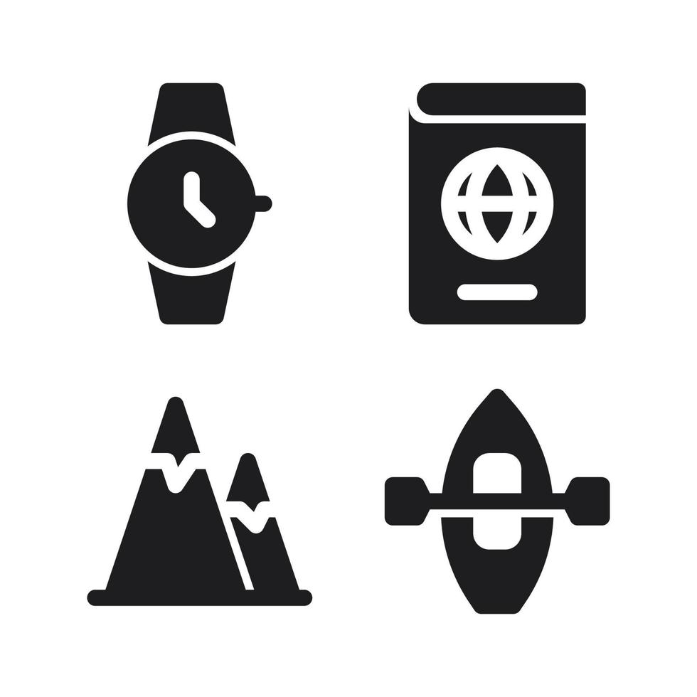 Adventure icons set. Wristwatch, passpor, mountain, kayak. Perfect for website mobile app, app icons, presentation, illustration and any other projects vector