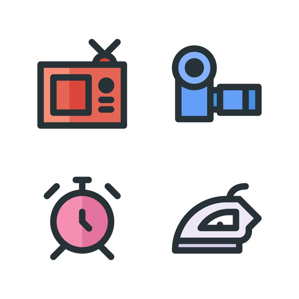 Electronics Device icons set. tv analog, videography handycam, alarm, iron. Perfect for website mobile app, app icons, presentation, illustration and any other projects vector