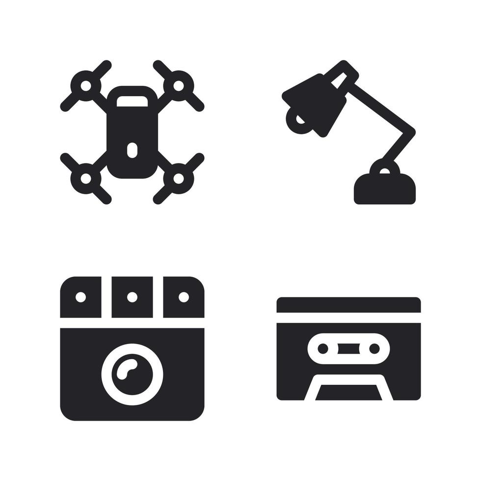 Electronics Device icons set. flying drone, lamp, washing machine, tape recorder. Perfect for website mobile app, app icons, presentation, illustration and any other projects vector