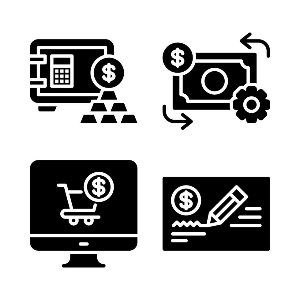 moneda íconos colocar. dinero ahorro, flujo de fondos, monitor, banco controlar. Perfecto para sitio web móvil aplicación, aplicación iconos, presentación, ilustración y ninguna otro proyectos vector