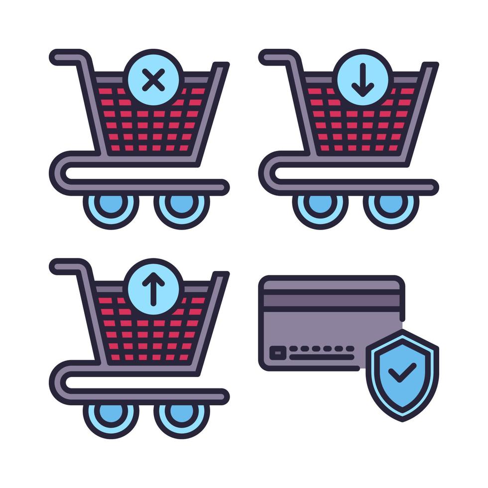 Ecommerce icons set. delete product, add product, out of cart, credit protection. Perfect for website mobile app, app icons, presentation, illustration and any other projects vector