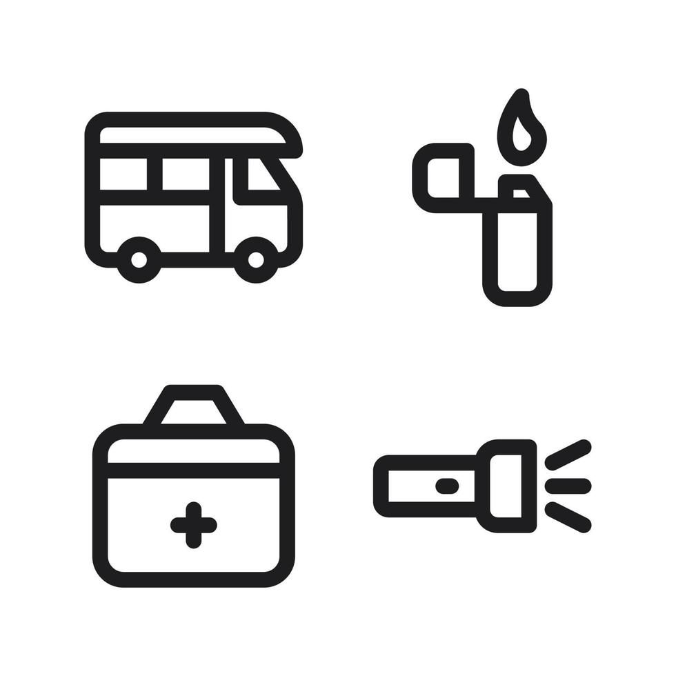 Adventure icons set. Van, fire gas, medical box, flash light. Perfect for website mobile app, app icons, presentation, illustration and any other projects vector