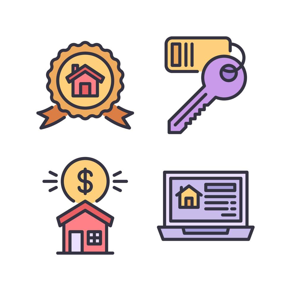 Real Estate icons set. Badge, Key, Sell home, Laptop. Perfect for website mobile app, app icons, presentation, illustration and any other projects vector