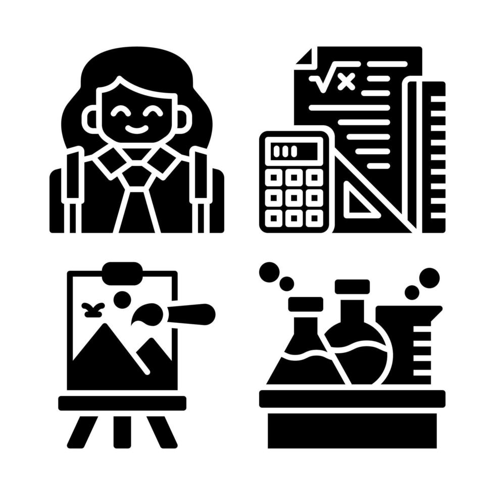 educación íconos colocar. estudiante chica, matemáticas, pintar lienzo, química laboratorio. Perfecto para sitio web móvil aplicación, aplicación iconos, presentación, ilustración y ninguna otro proyectos vector