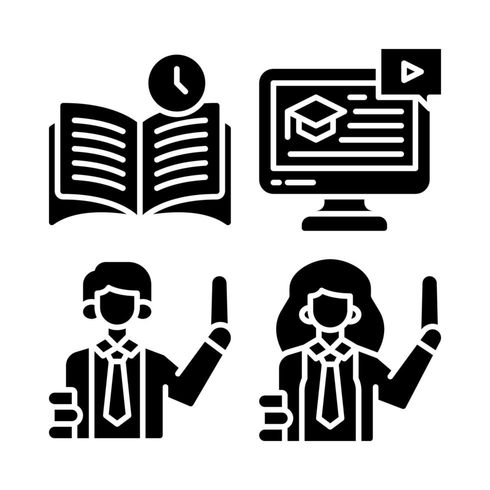 Education icons set. Reading book, online learning, teacher man, girl. Perfect for website mobile app, app icons, presentation, illustration and any other projects vector