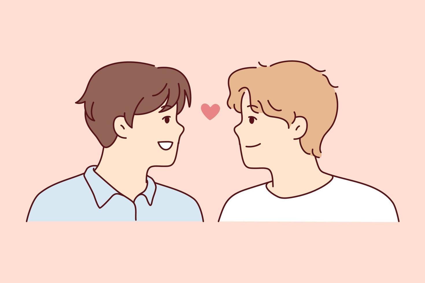 Close-up of gay couple looking in eyes feel in love. Smiling men show care and affection. Homosexual relationship and lgbt. Vector illustration.