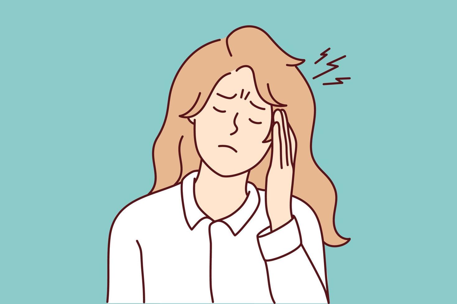 Unhappy young woman suffer from migraine or headache. Unhealthy girl struggle with head spasm having health problems. Medicine and healthcare. Vector illustration.
