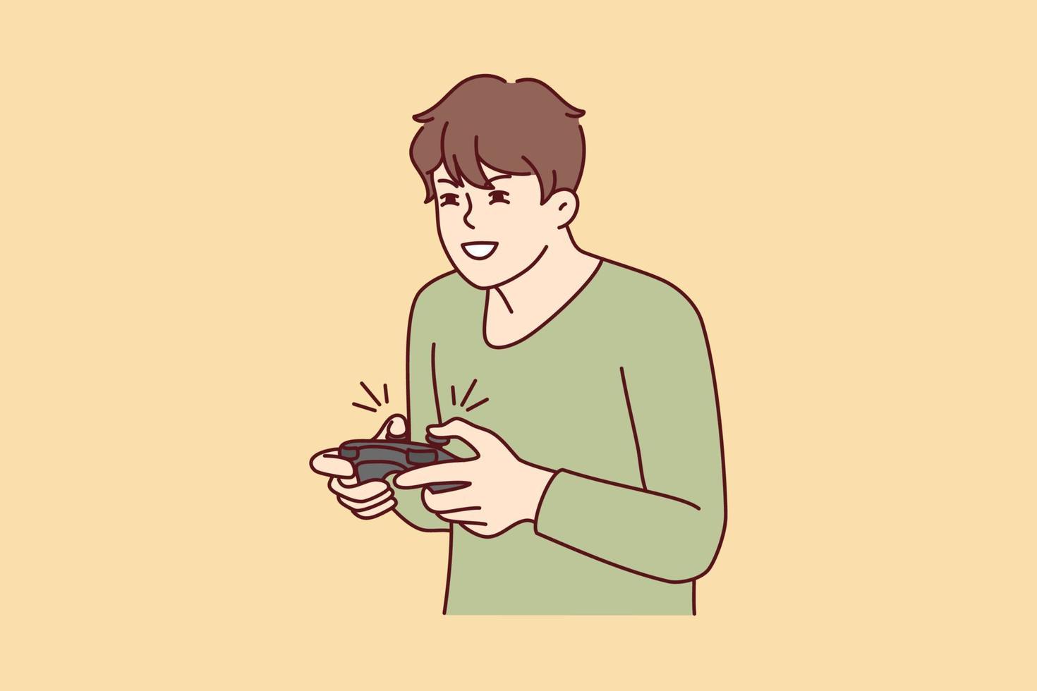 Guy with joystick playing computer games at home. Young man with joypad have fun engaged in videogame. Addiction and hobby. Vector illustration.