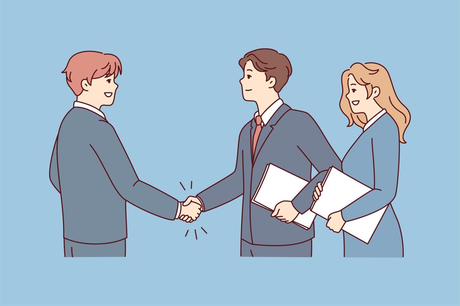 Smiling businesspeople shake hands get acquainted at meeting. Happy business partners handshake close deal or make agreement. Vector illustration.