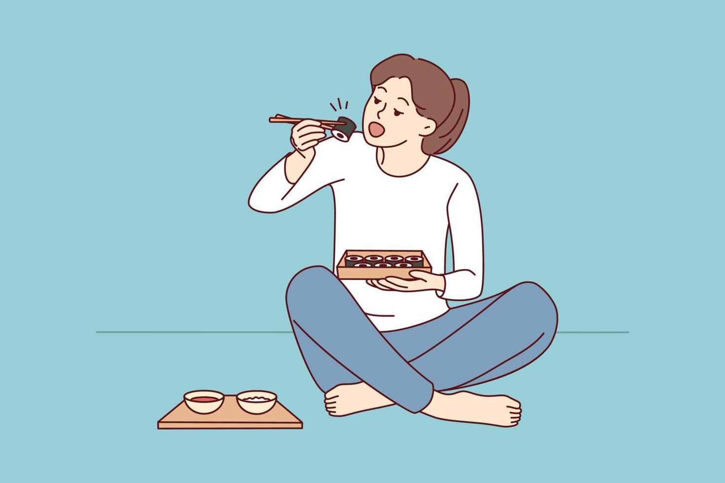 contento joven mujer sentar en piso comiendo Sushi con palillos. milenario hembra disfrutar tradicional japonés comida a hogar. cocina concepto. vector ilustración.