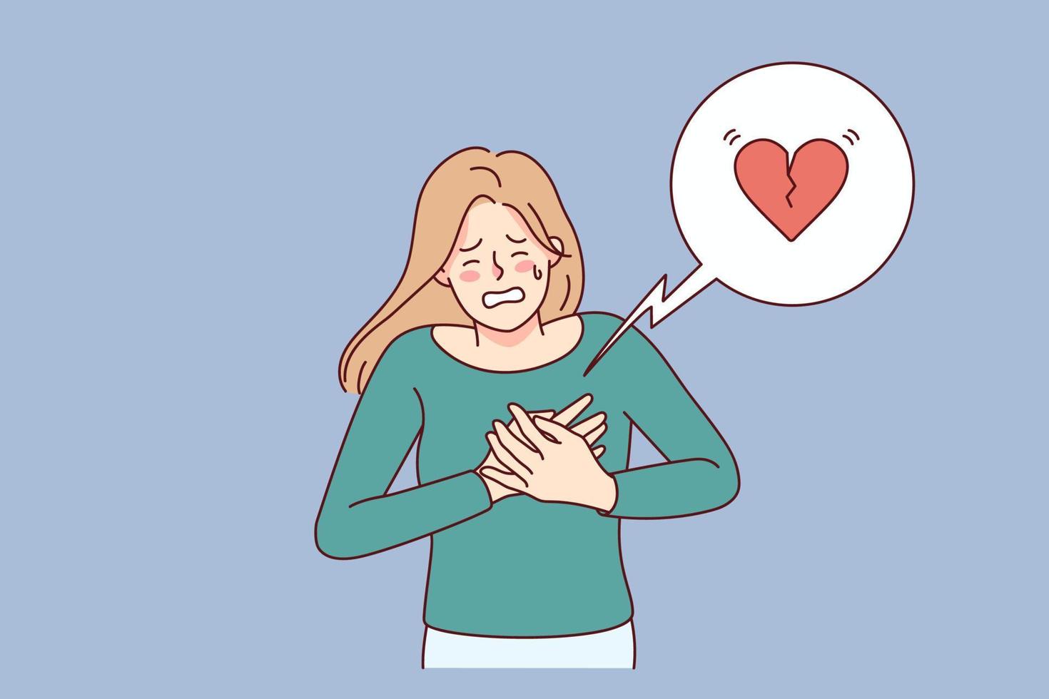 insalubre mujer sufrir desde dolor en corazón. indispuesto hembra dificil con corazón ataque. cuidado de la salud y medicamento. vector ilustración.