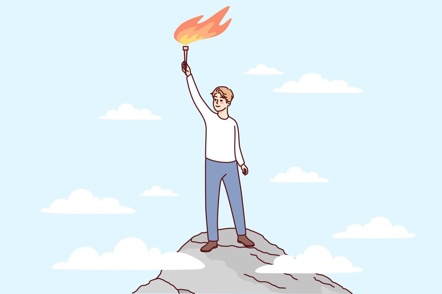 Happy man standing on mountain peak with fire in hands. Smiling businessman reach top excited with goal achievement or success. Vector illustration.