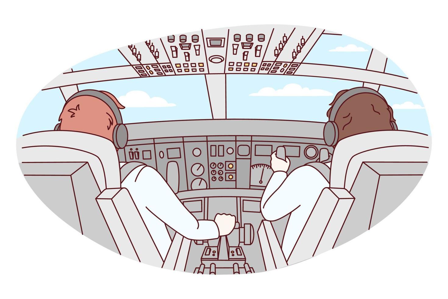 Pilots in cabin of airplane during flight. Aircraft crew in front of plant. Aviation and flying. Vector illustration.