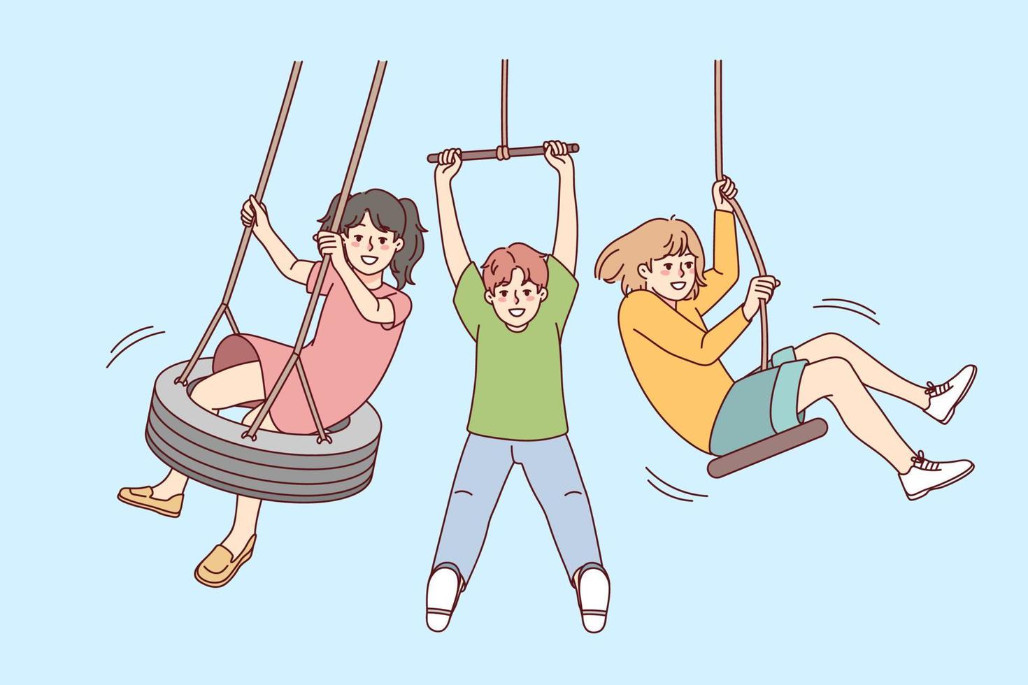 Happy small kids have fun playing outside. Smiling little children enjoy outdoor activities during summer vacation. Vector illustration.