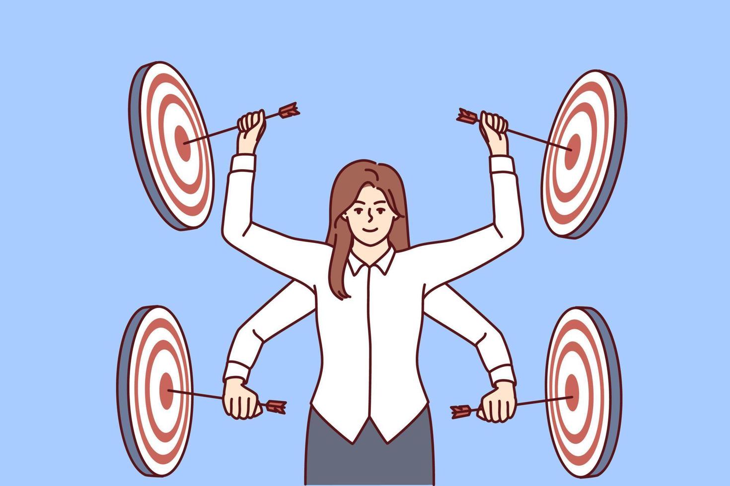 Professional multi-armed woman manager strikes performs several business goals at same time multitasking. girl among targets for darts symbolizes concentration on professional skills and goals vector